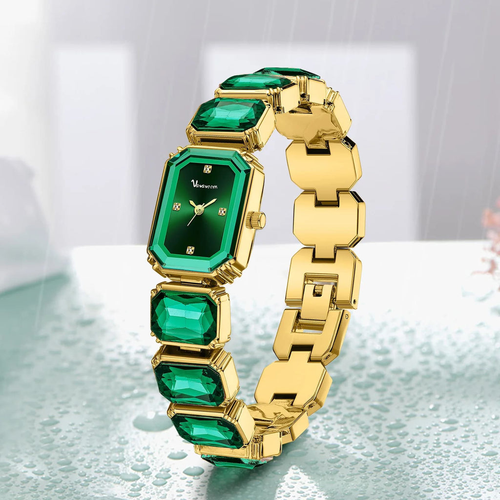 Montre de Luxe pour  Femme Cristal Vert et Acier Doré