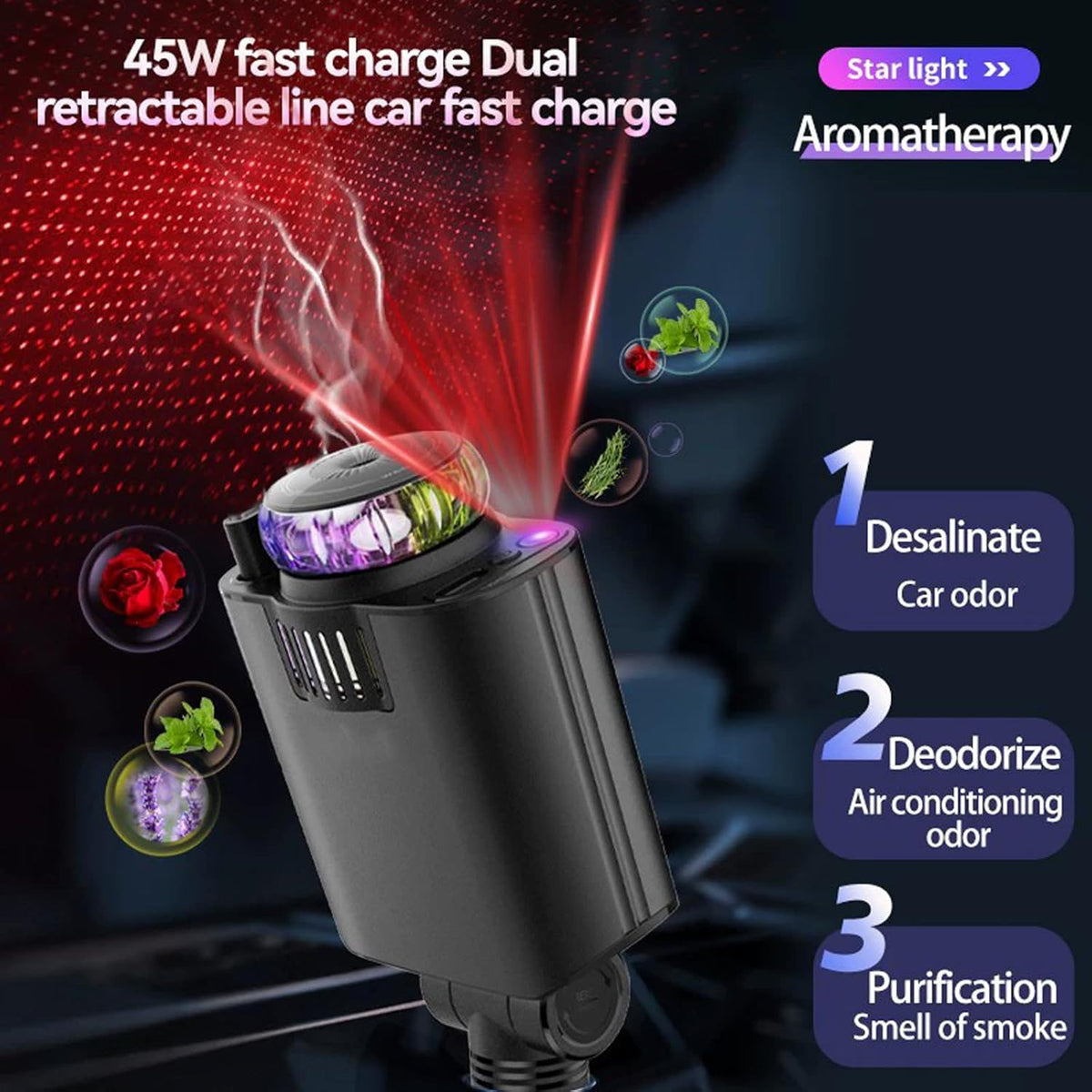 Chargeur de voiture rétractable 5 en 1 avec  Diffuseur intégré