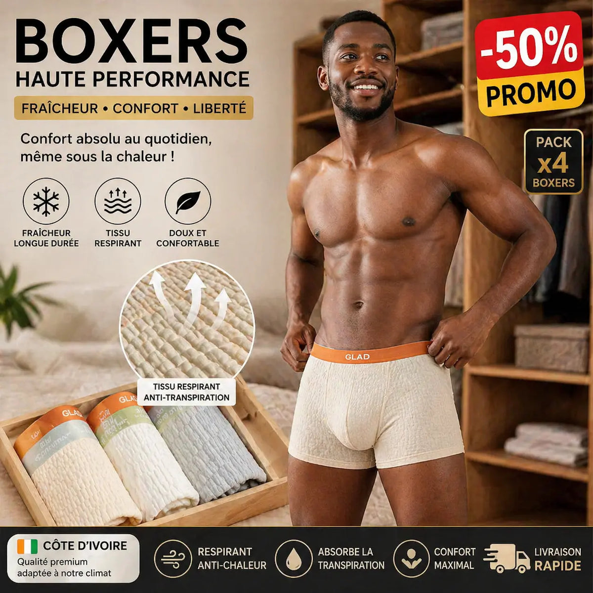 Boxers en coton 100% texturé respirant