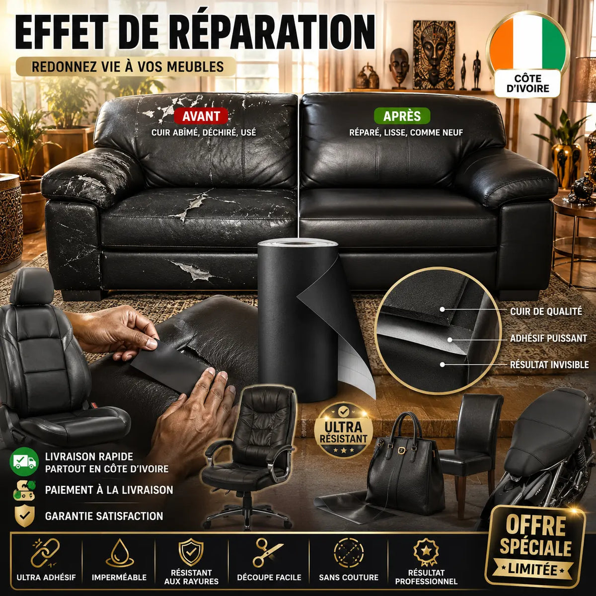 Kit de réparation de cuir avec patchs et ruban adhésif