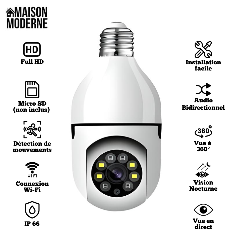 Caméra de sécurité wifi sans fil avec ampoule 360°