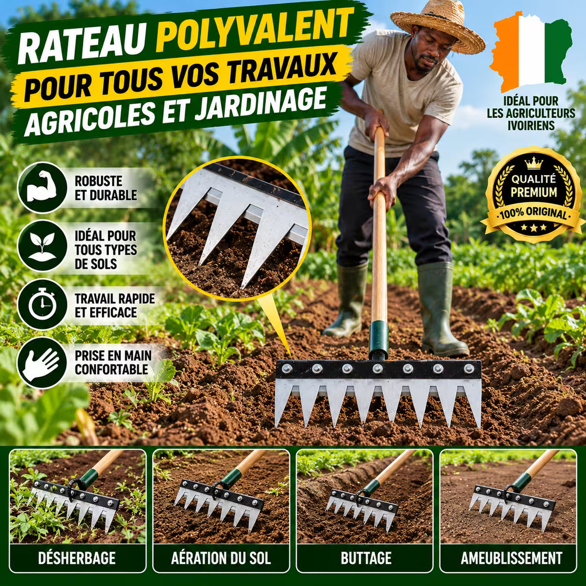 BERTAUS™ - Râteau de Désherbage en Acier au Carbone