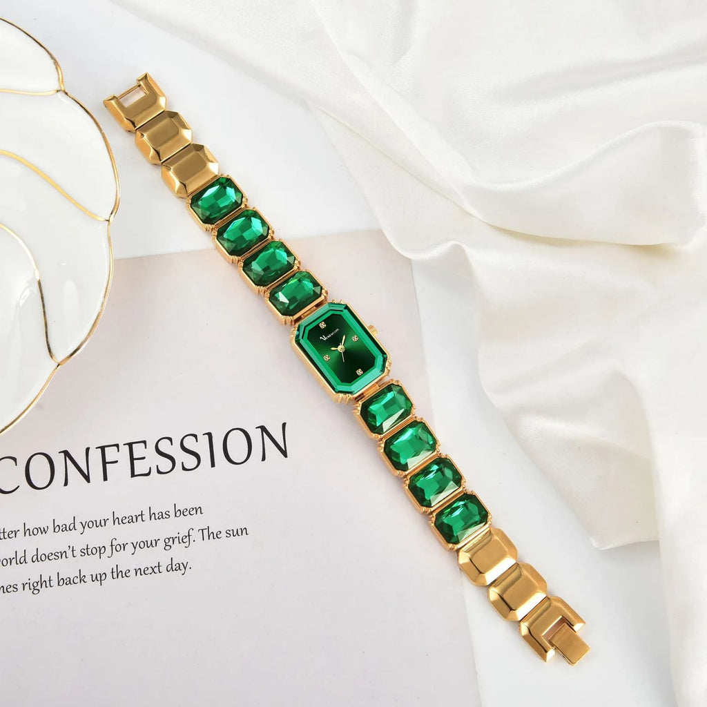 Montre de Luxe pour  Femme Cristal Vert et Acier Doré